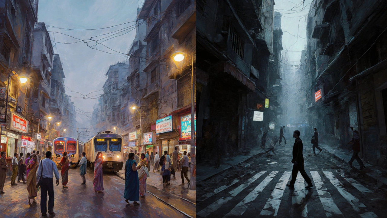 A split image contrasting Mumbai&#039;s safe, lit streets with Delhi&#039;s dim, chaotic alleys at night.