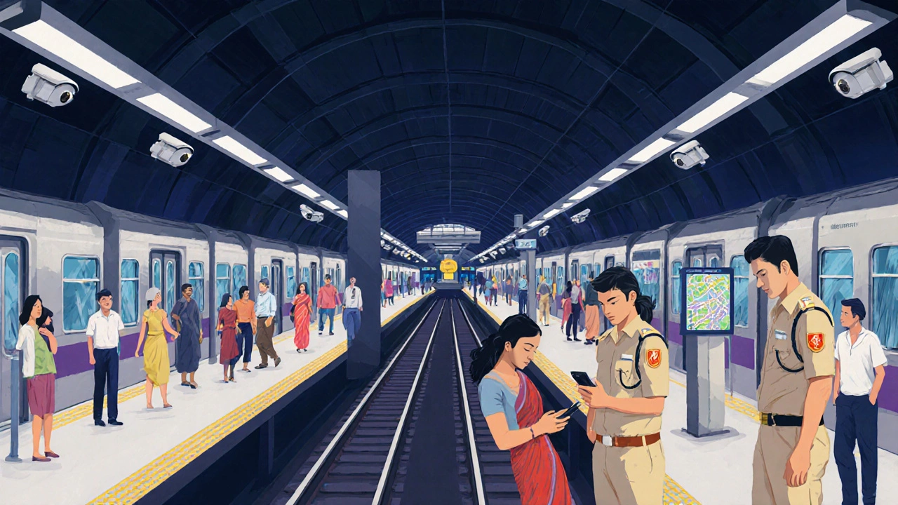 A traveler waits at a well-lit Delhi metro station with female police officers patrolling nearby.