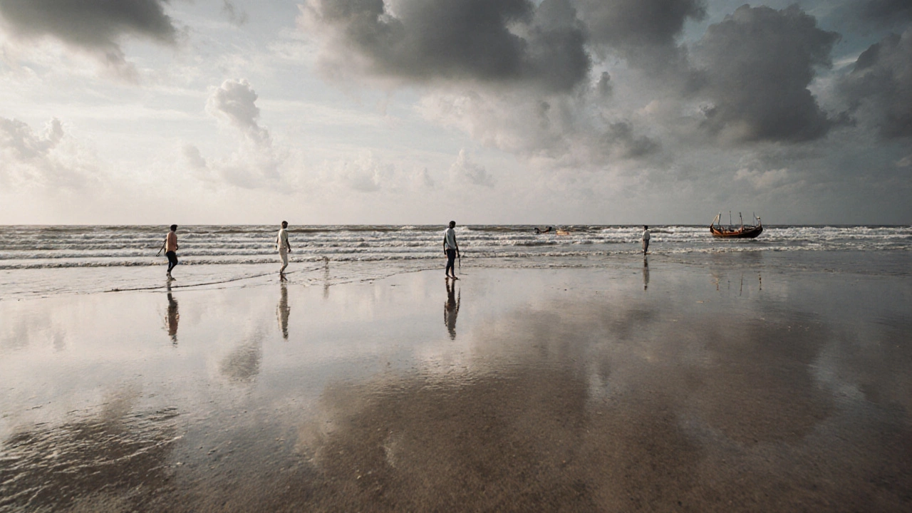 Chandipur Beach at low tide showing an expansive ocean floor with distant fishermen and rising tides.