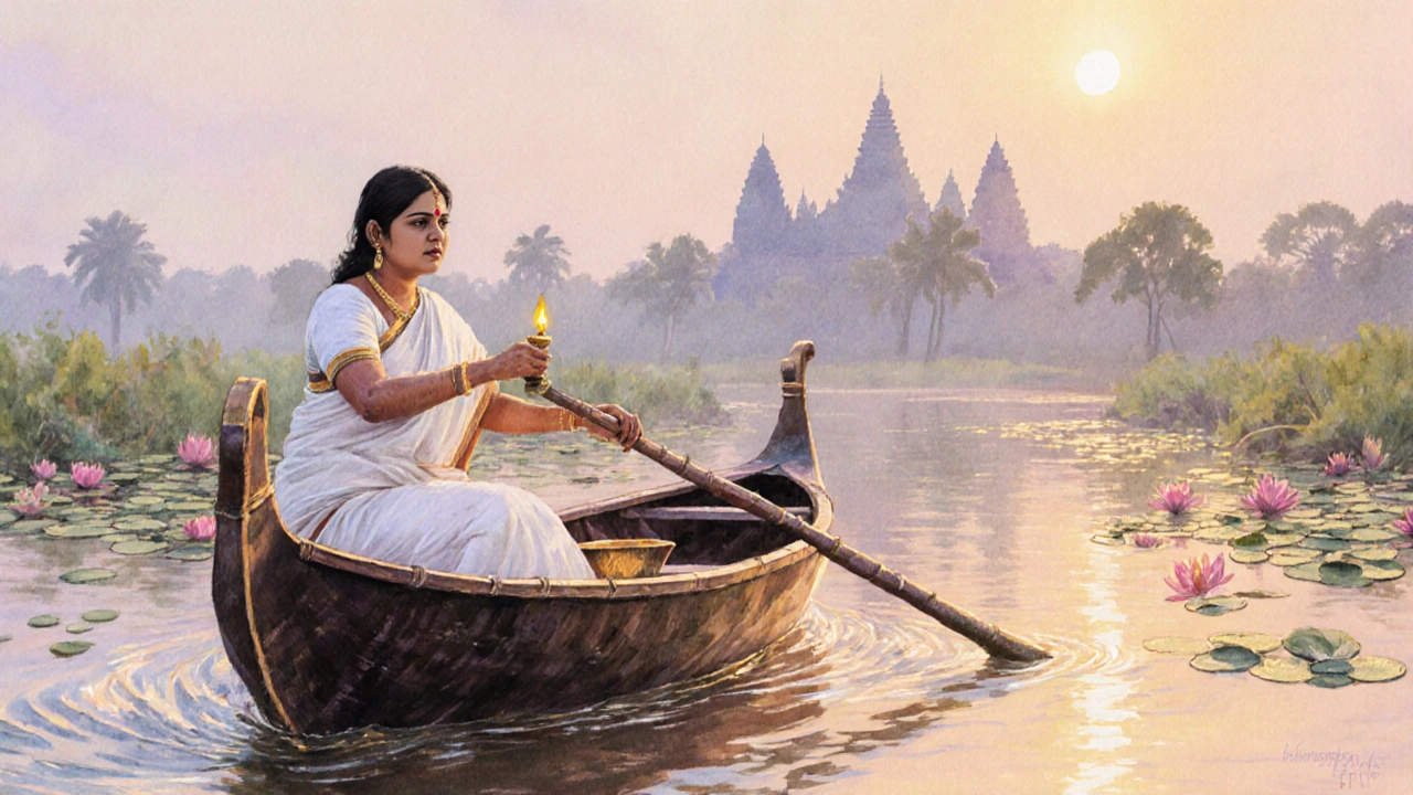 Keralite woman rowing a houseboat at dusk in white sari, oil lamp glowing on the backwaters.