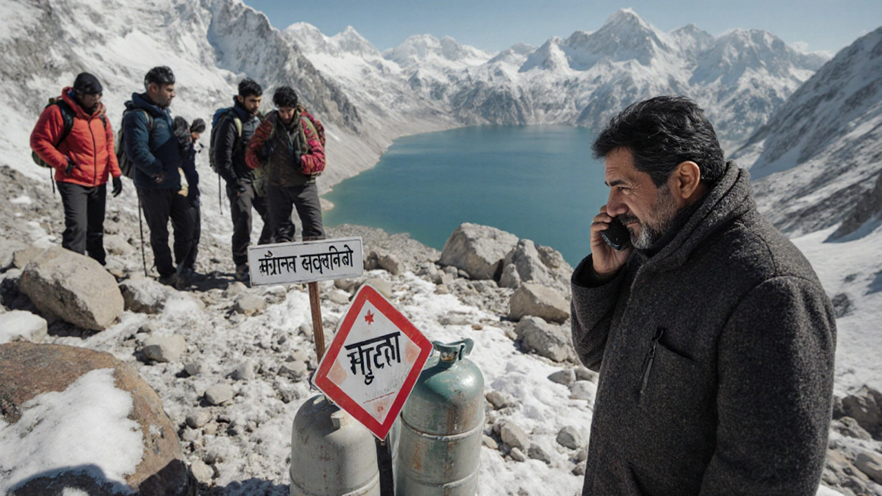 Mountain guide using a satellite phone to ensure trekker safety near Roopkund Lake