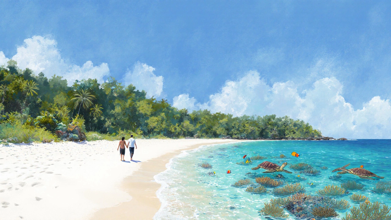 Radhanagar Beach in Andaman with crystal-clear water, coral reefs, and a couple walking at sunset.