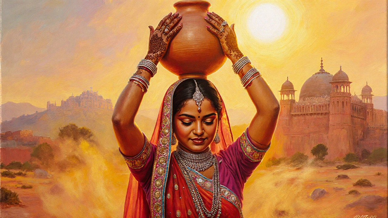 Rajasthani woman balancing a pot on her head under the sun, wearing silver jewelry and vibrant clothing.