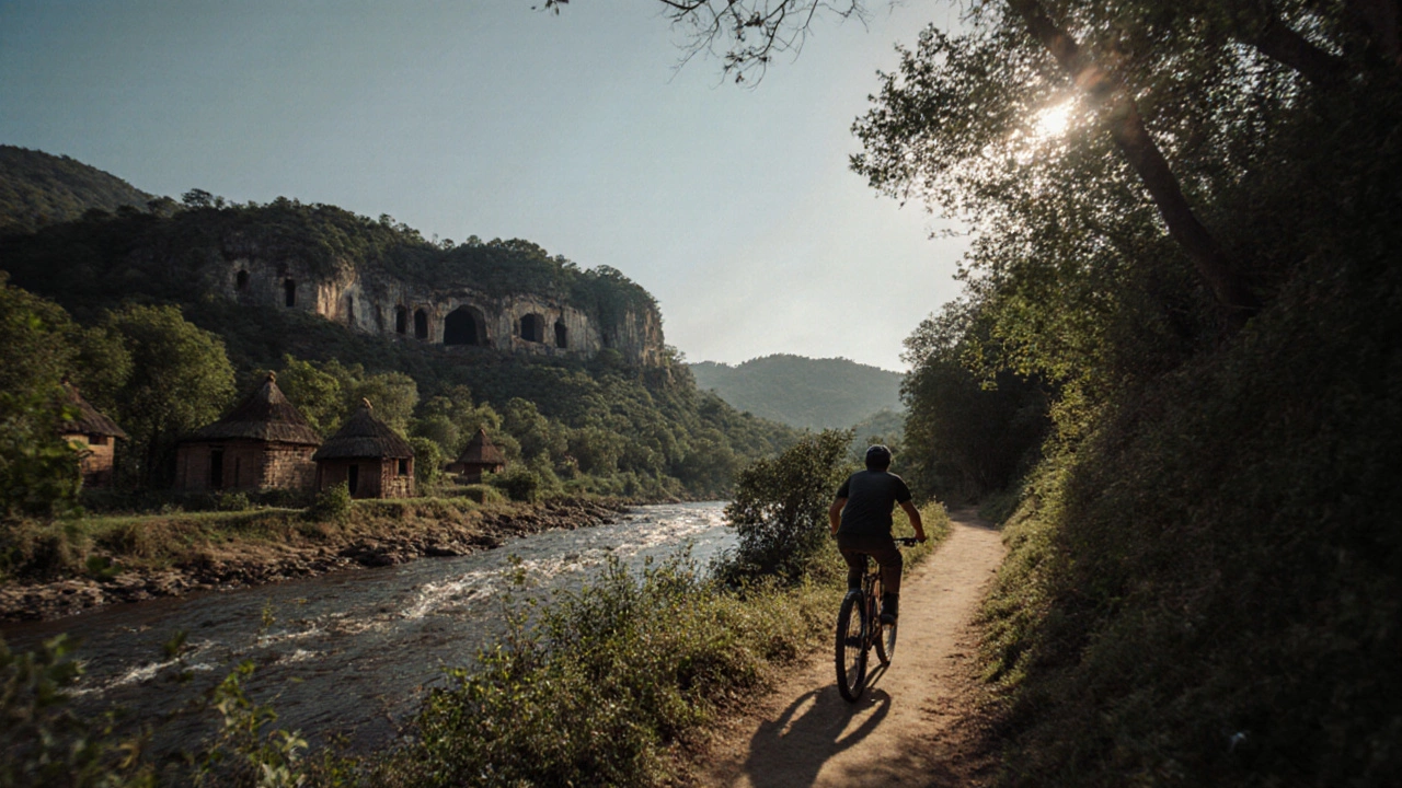 Solo biker riding through forest trail near Tadoba with caves and river in background.