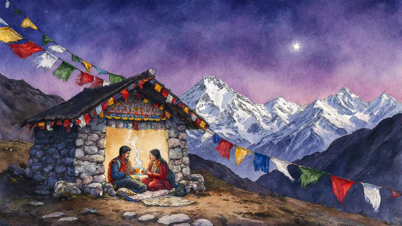 Trekker camp at dusk in Markha Valley with guide sharing tea under prayer flags