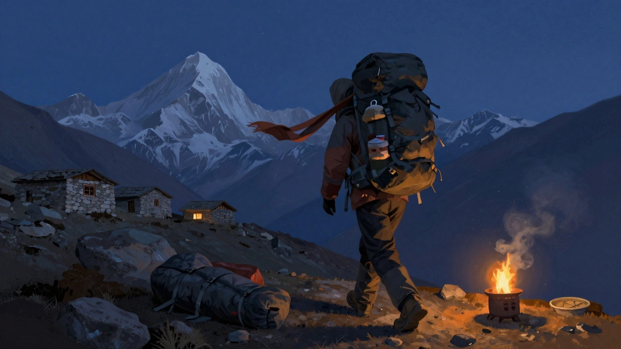 A backpacker walks a high Himalayan ridge at dusk with a heavy pack, stone huts in the distance and stars emerging overhead.