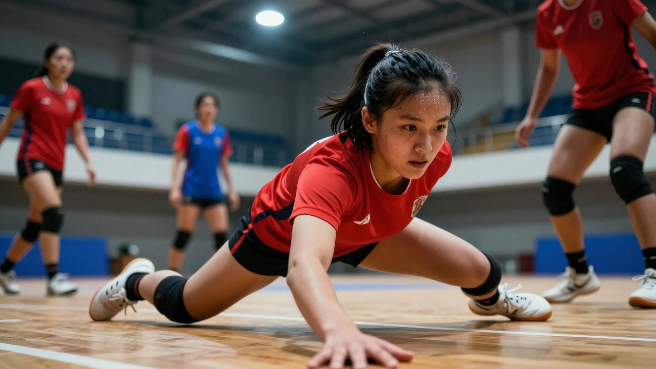 A female athlete mid-dodge in a kho kho match, evading a chaser with intense focus and speed.