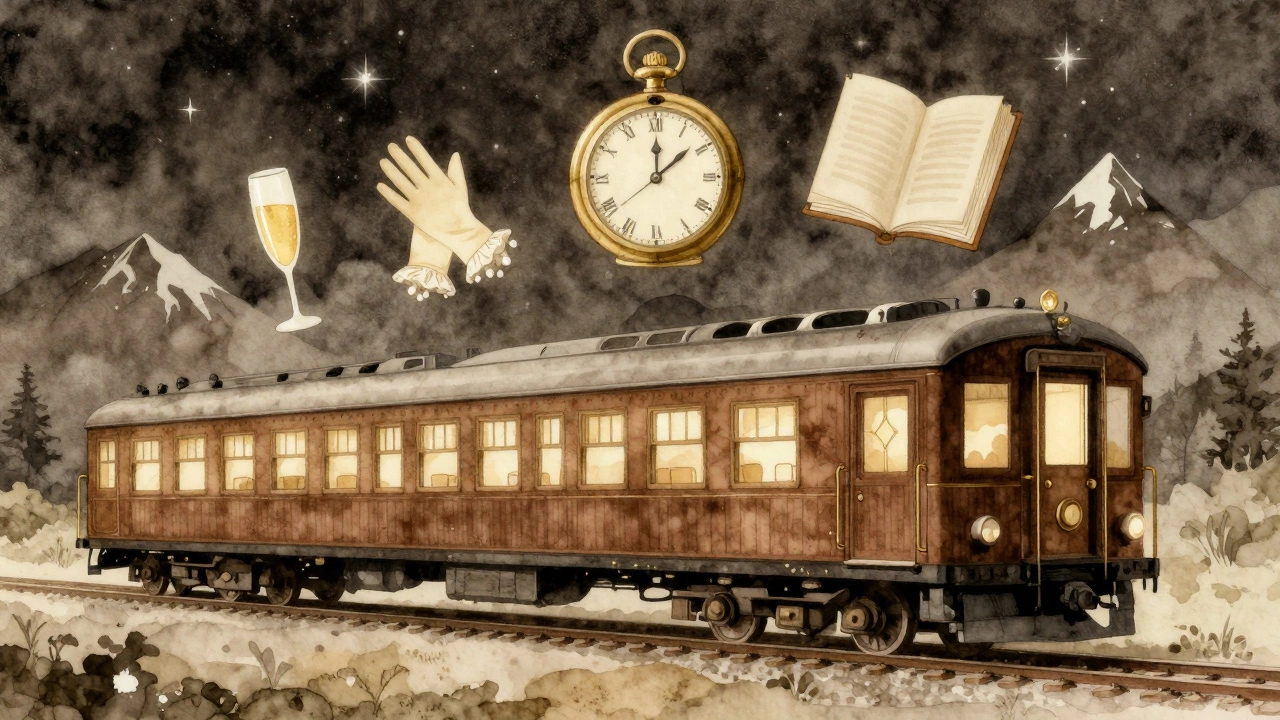 A vintage train carriage glowing like a jewel against a starry sky, surrounded by symbols of luxury and timeless travel.