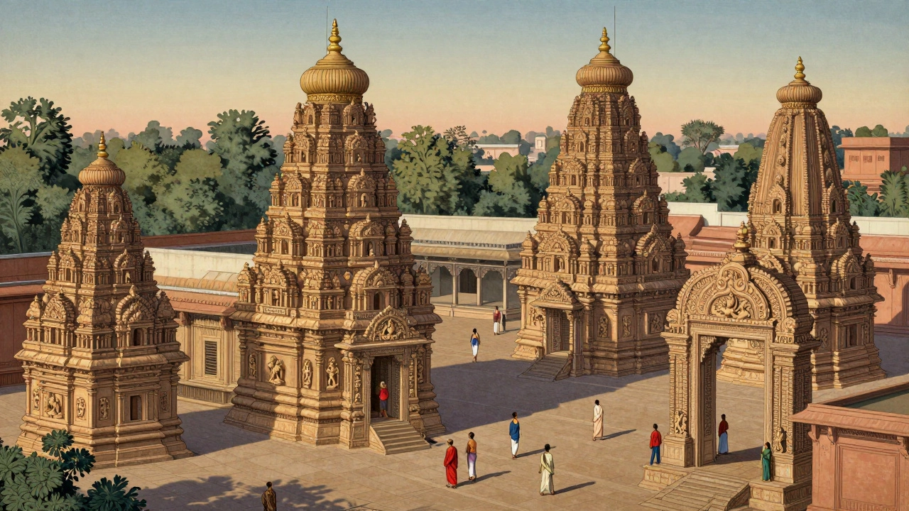 Bhubaneswar&#039;s temple grid: ancient stone spires and carved arches under soft afternoon light.
