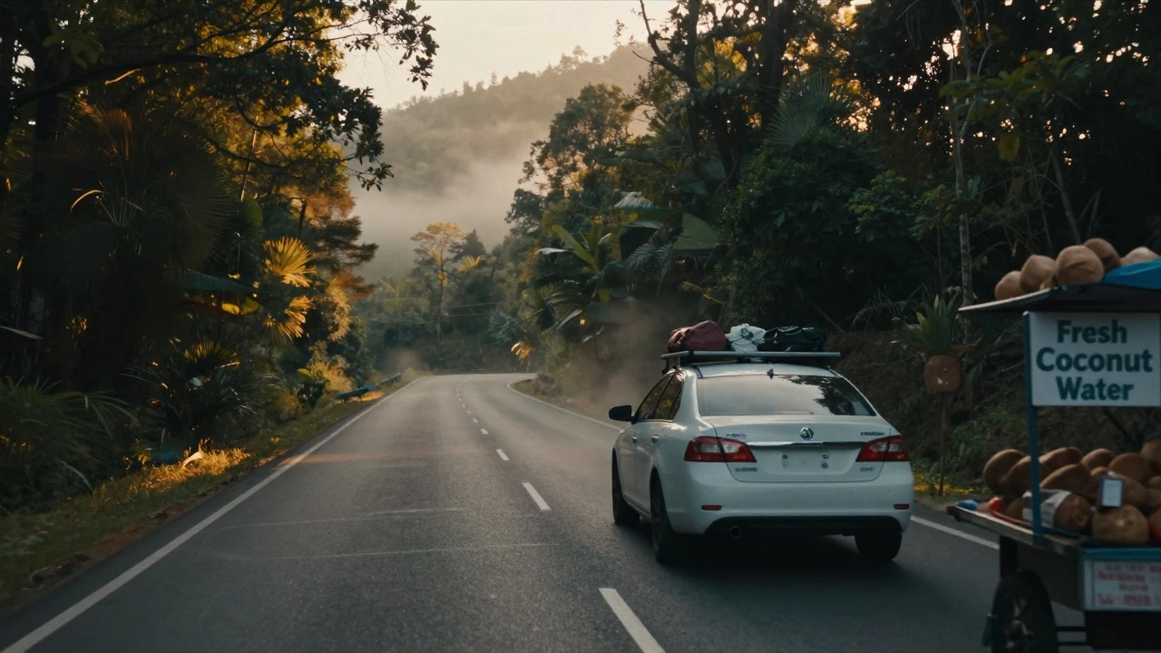 Car driving through mountain highway to Goa at dusk with coconut vendor nearby