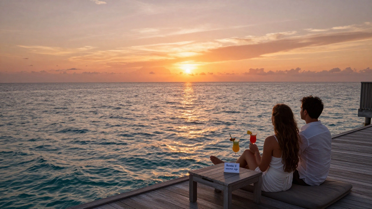 Couple enjoying sunset on an overwater bungalow, relaxed and stress-free after early booking.