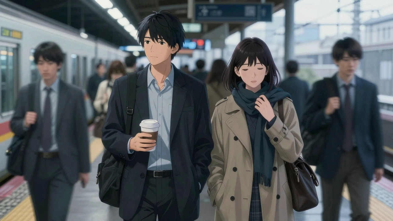 Couple walking calmly together on a Tokyo train platform at dawn, surrounded by blurred commuters.