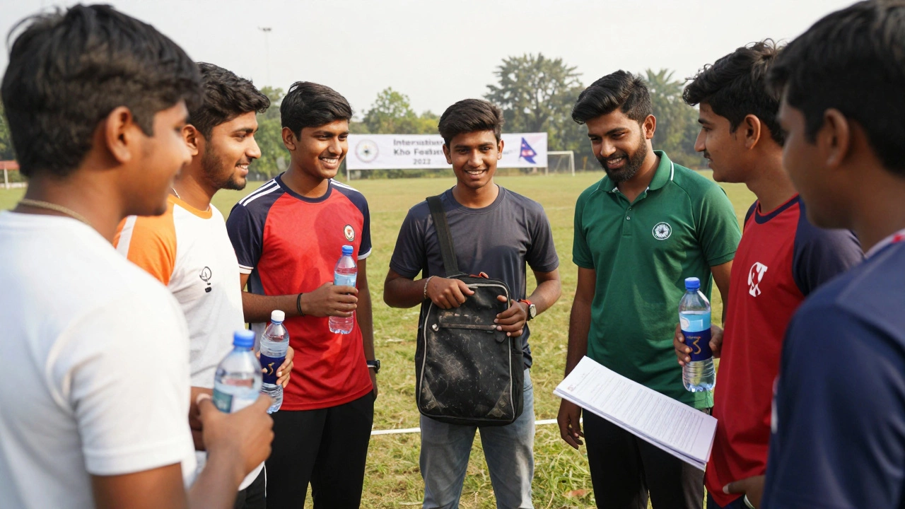 Diverse international players celebrating after a World Kho Kho Championship match, sharing water and smiles.