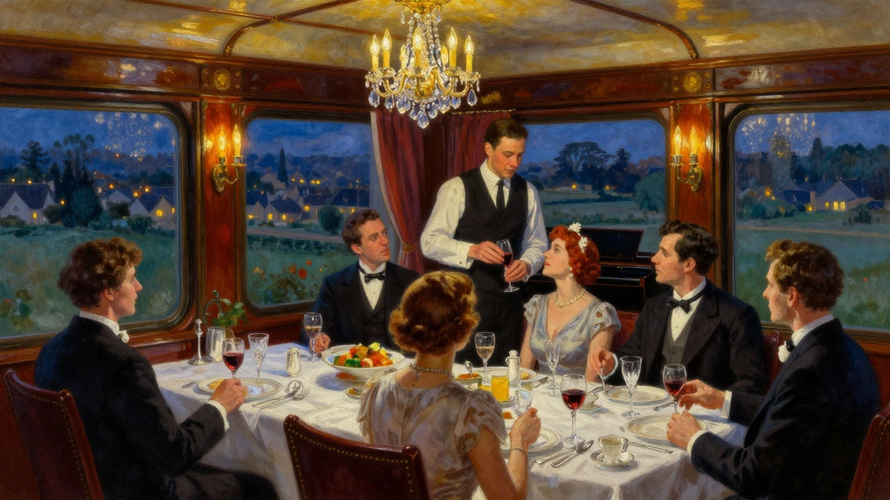 Elegant passengers dining in a candlelit train car with crystal glasses and white linen,窗外阿尔卑斯山夜景。