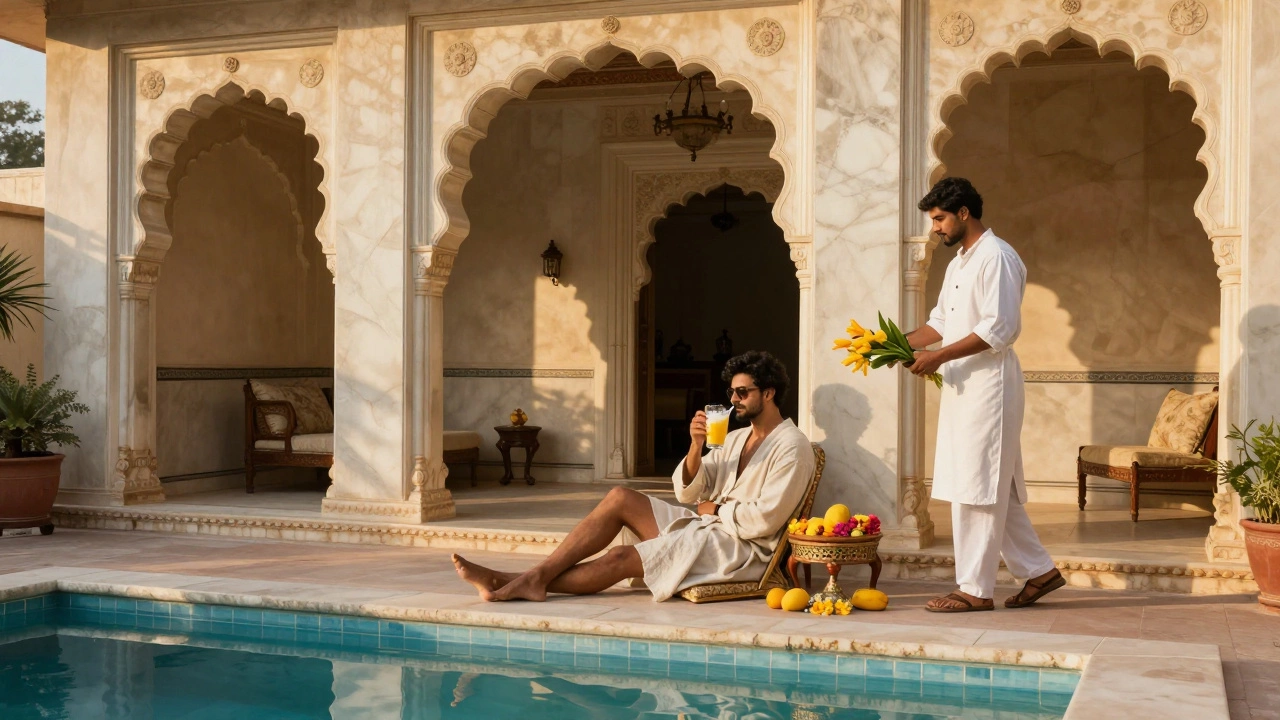 Luxury guest relaxing by a private pool at a historic Rajasthan palace