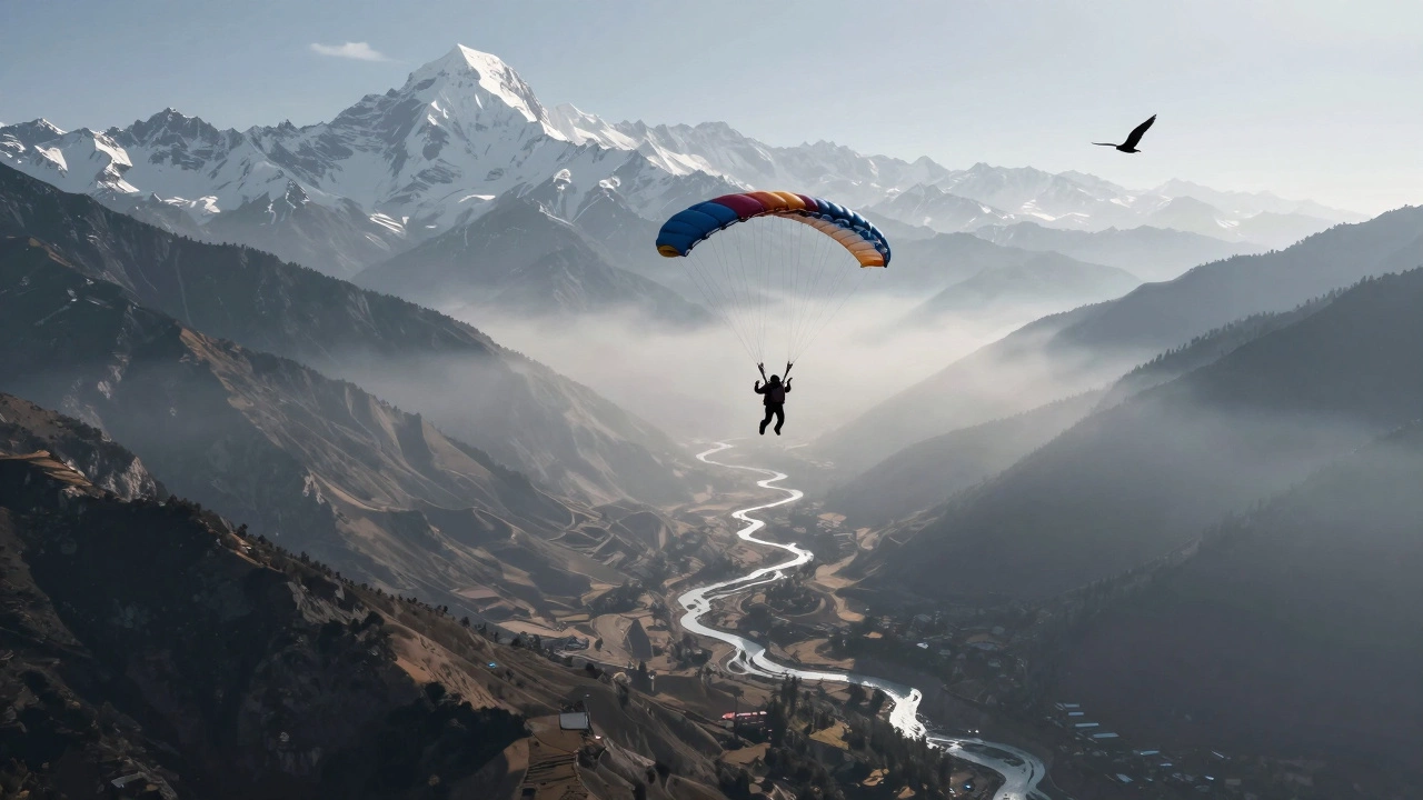 Skydiver floating above Himalayan foothills with snow-capped peaks and misty valleys.