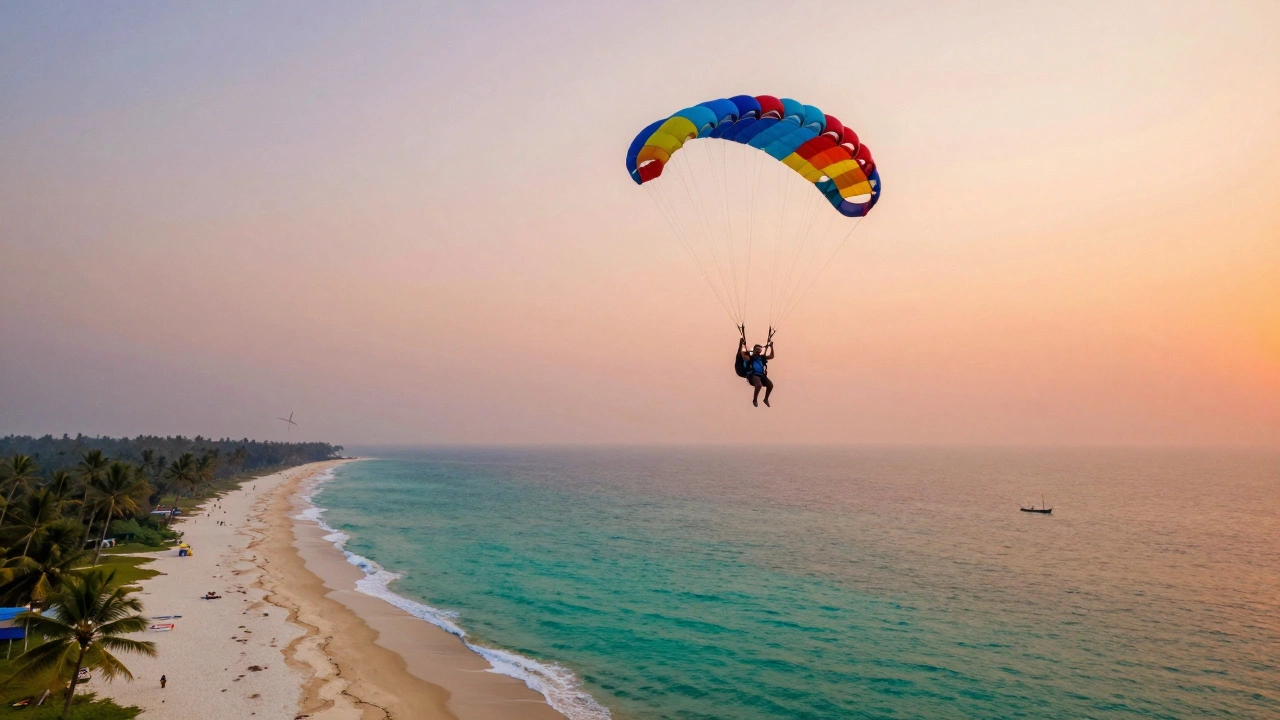 Skydiver gliding peacefully over Goa’s beach and ocean at sunset.