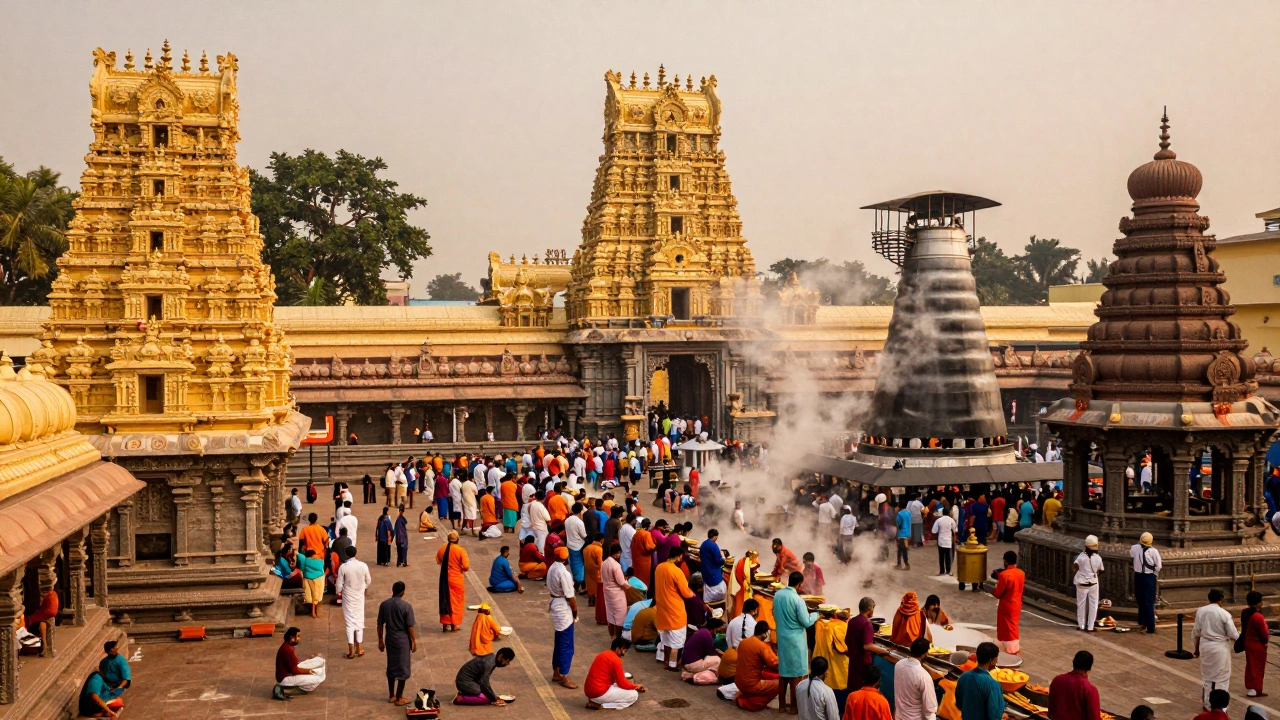 Tirupati’s temple complex: endless pilgrims in queues before the golden main shrine and feeding towers.