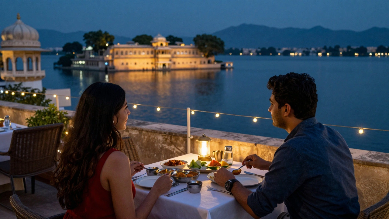 Traveler enjoying a rooftop meal in Udaipur with palace reflections