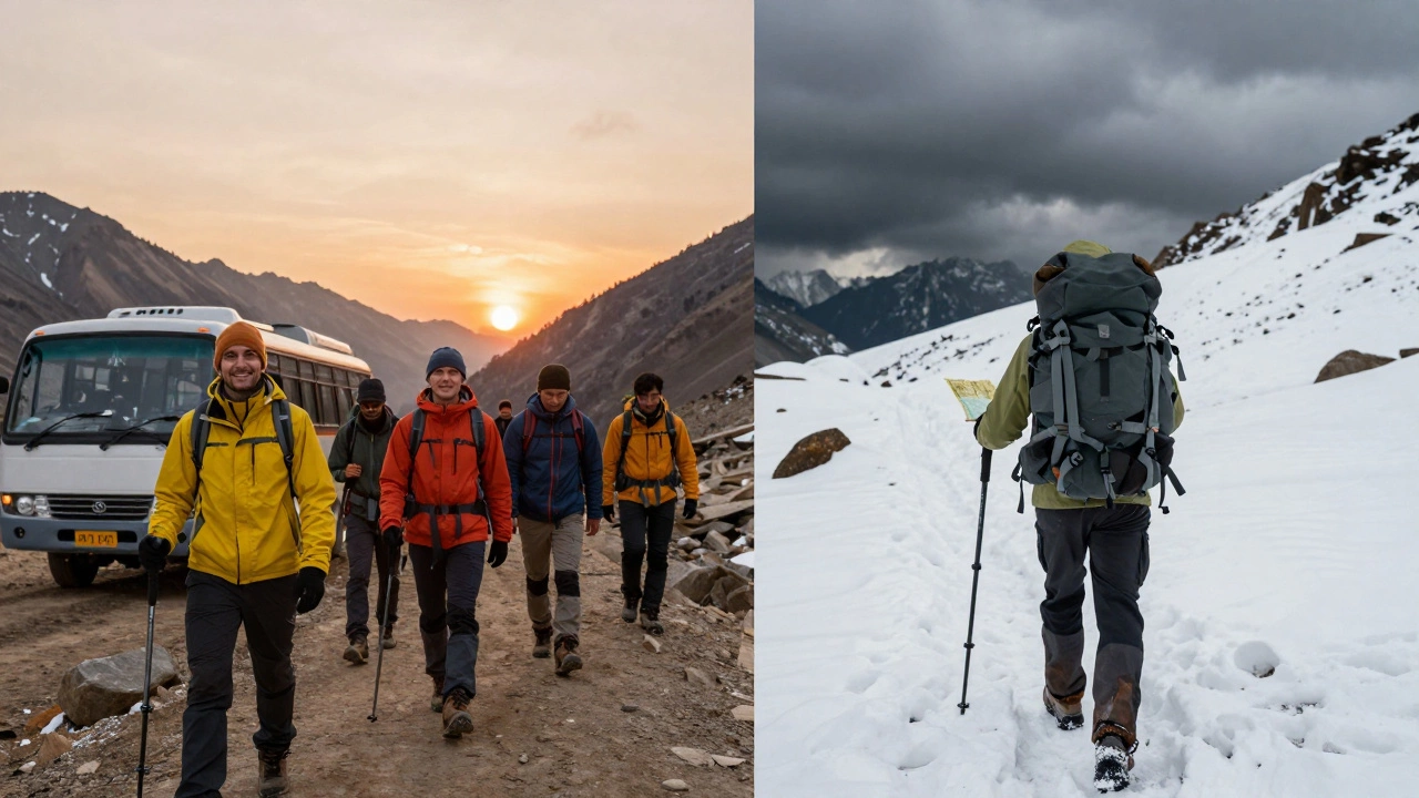 Two paths diverge in the mountains: one with a relaxed group returning from a day hike, the other a solitary figure vanishing into a snowy pass.