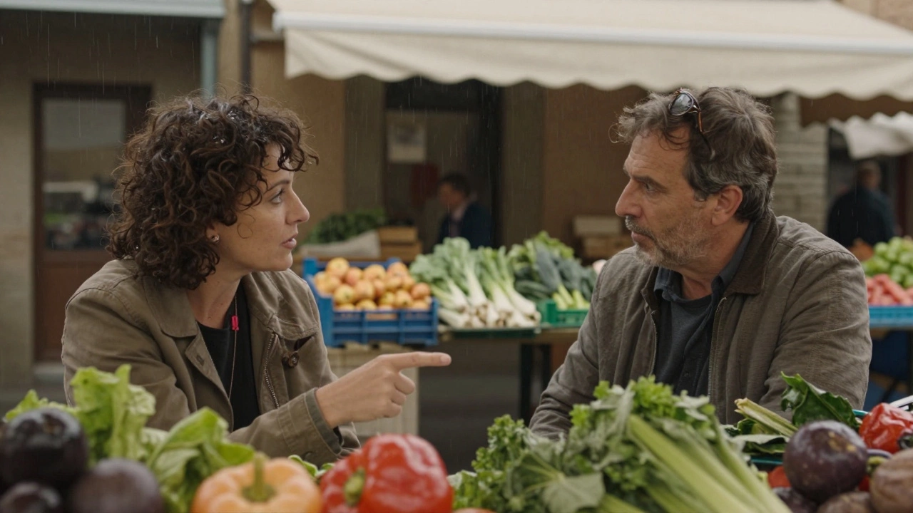 Two people chatting at a quiet Tuscan market under light rain, no phones.