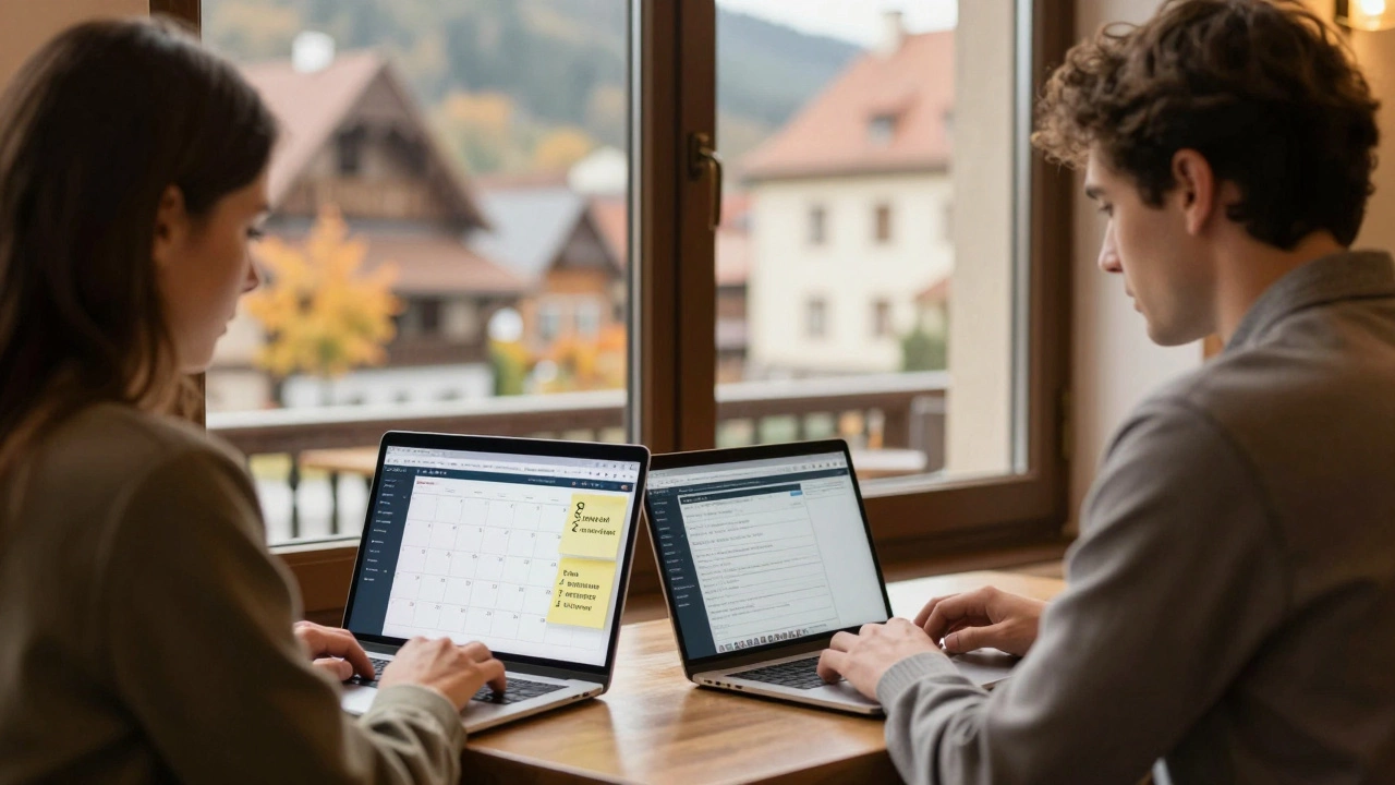 Two travelers planning their honeymoon at a café, calendar marked 8 months ahead with travel details.