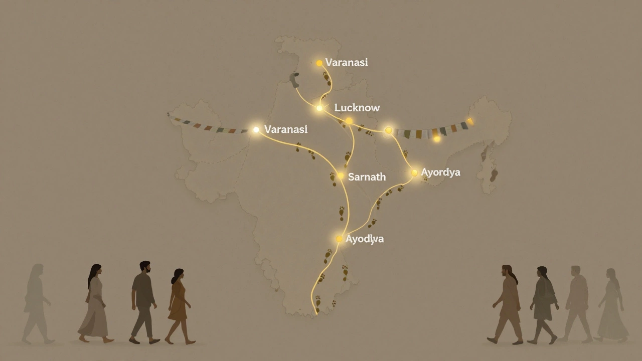 Uttar Pradesh map with golden pilgrimage sites and diverse travelers walking toward them