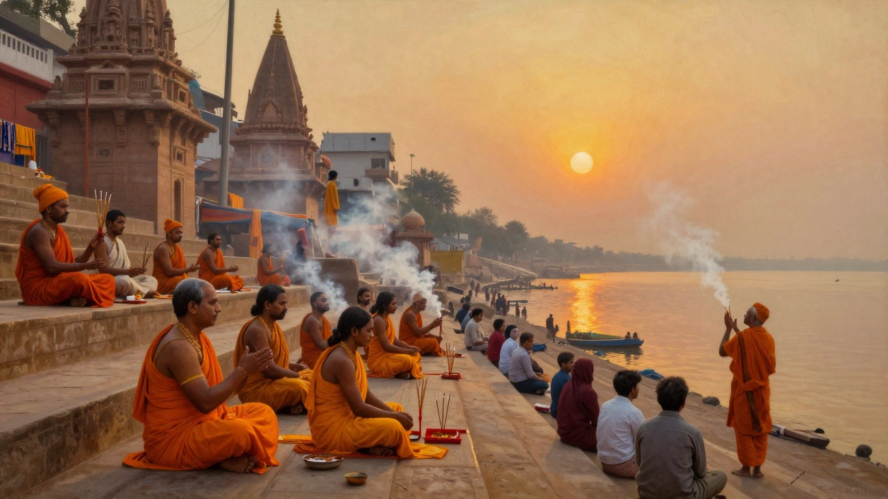 Varanasi ghats at dawn with priests performing aarti and foreign visitors watching
