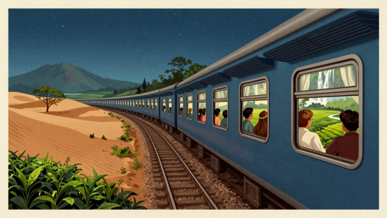 Vintage train journey illustration showing landscapes from Delhi to Goa at night