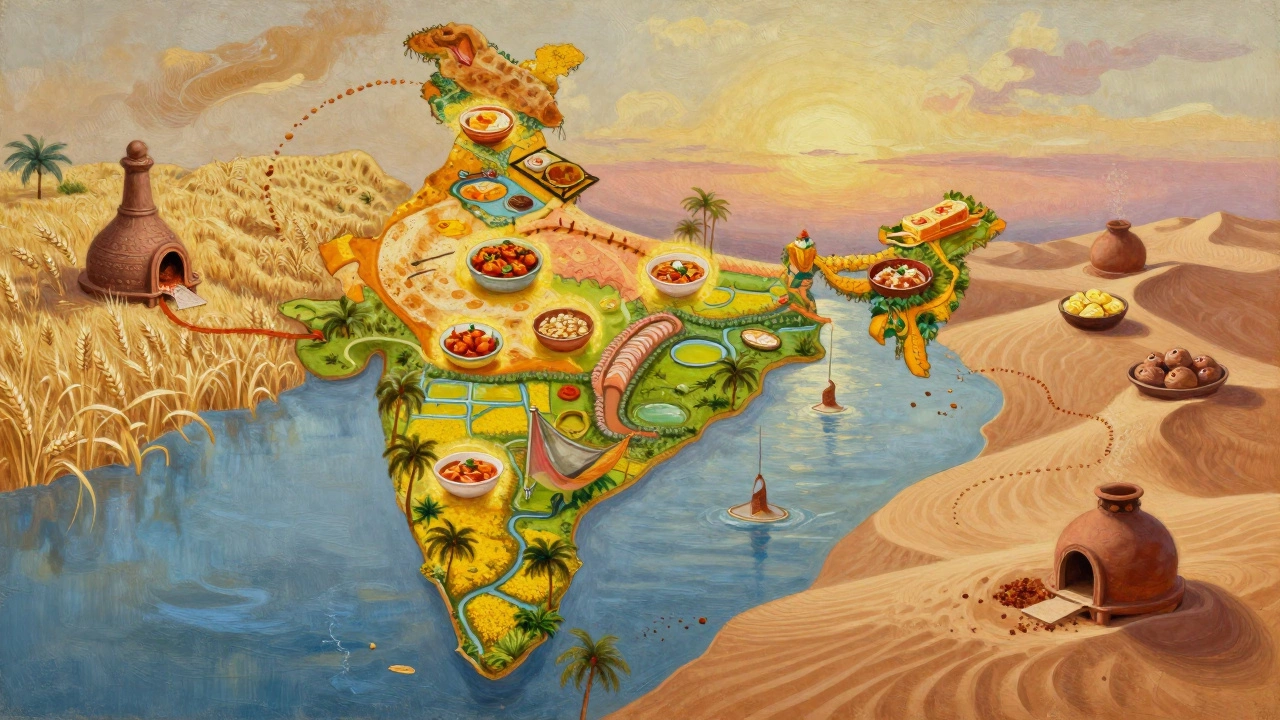 Artistic map of India showing regional cuisines as glowing orbs connected by spice trails.