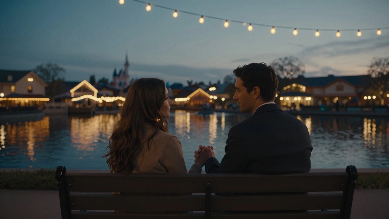 Couple sitting together on a bench at Disney’s BoardWalk under string lights, holding hands at twilight.