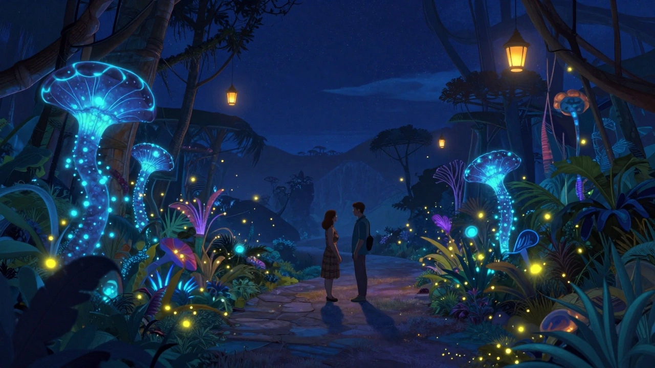 Couple surrounded by glowing fireflies and bioluminescent plants on a quiet nighttime walkway in Animal Kingdom.