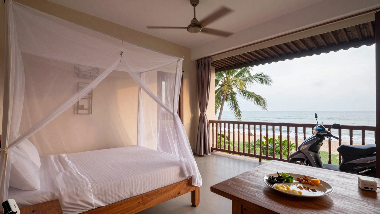 Cozy budget room in South Goa with fan, balcony view, and scooter outside at dawn.