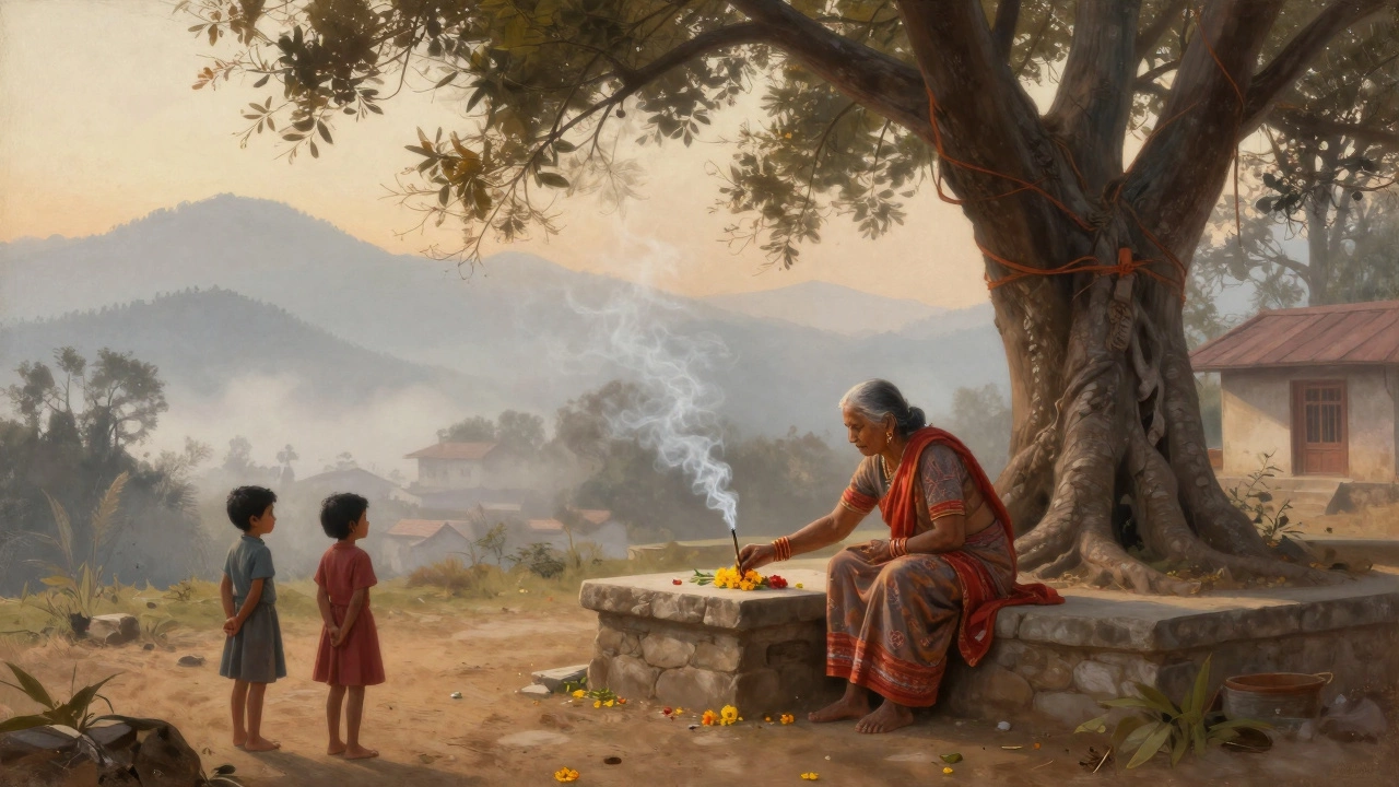 Elderly woman offering a flower at a small stone shrine in an Indian village at sunrise.