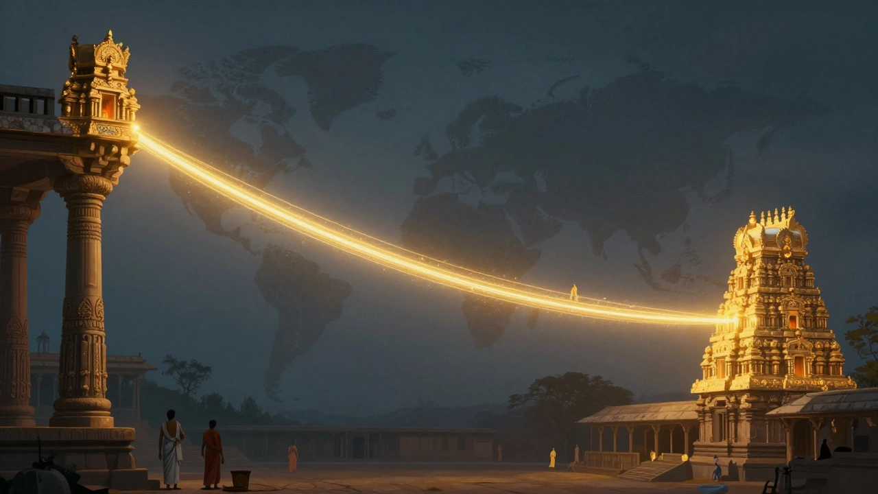 Golden thread connecting ancient Turkish pillars to an Indian temple spire in a dreamlike landscape.