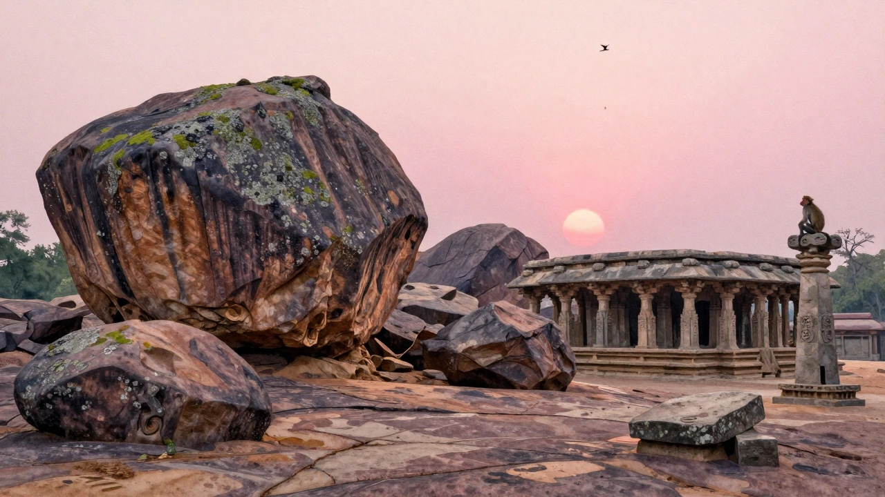 Hampi's ancient ruins among giant boulders at dawn, bathed in soft pink light with a monkey on a stone pillar.