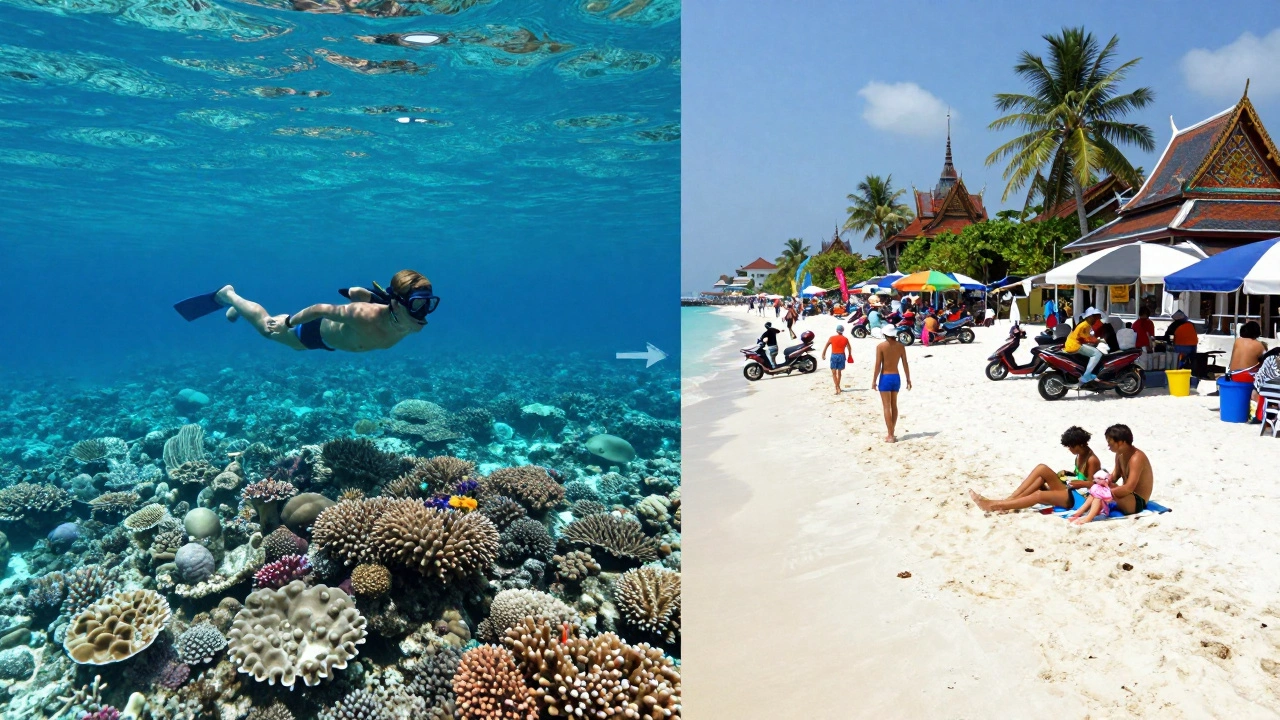 Split image: quiet Maldives reef vs lively Thai beach with cultural activities.