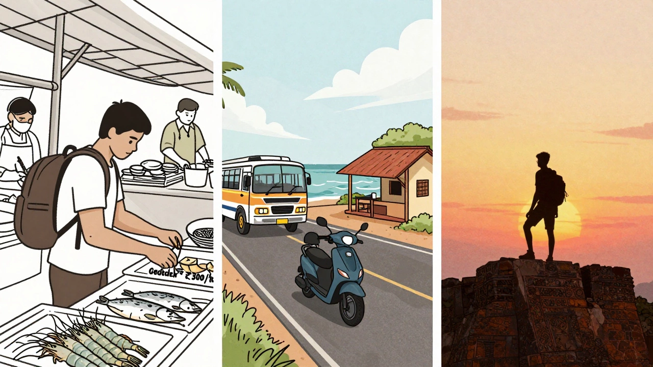 Split scene: fish market, scooter ride, and hike up Chapora Fort in Goa.