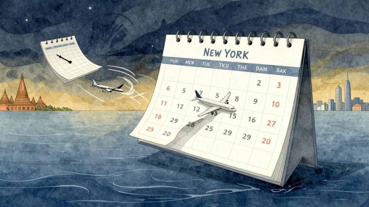 Surreal calendar with torn page over Pacific Ocean, airplane crossing International Date Line.