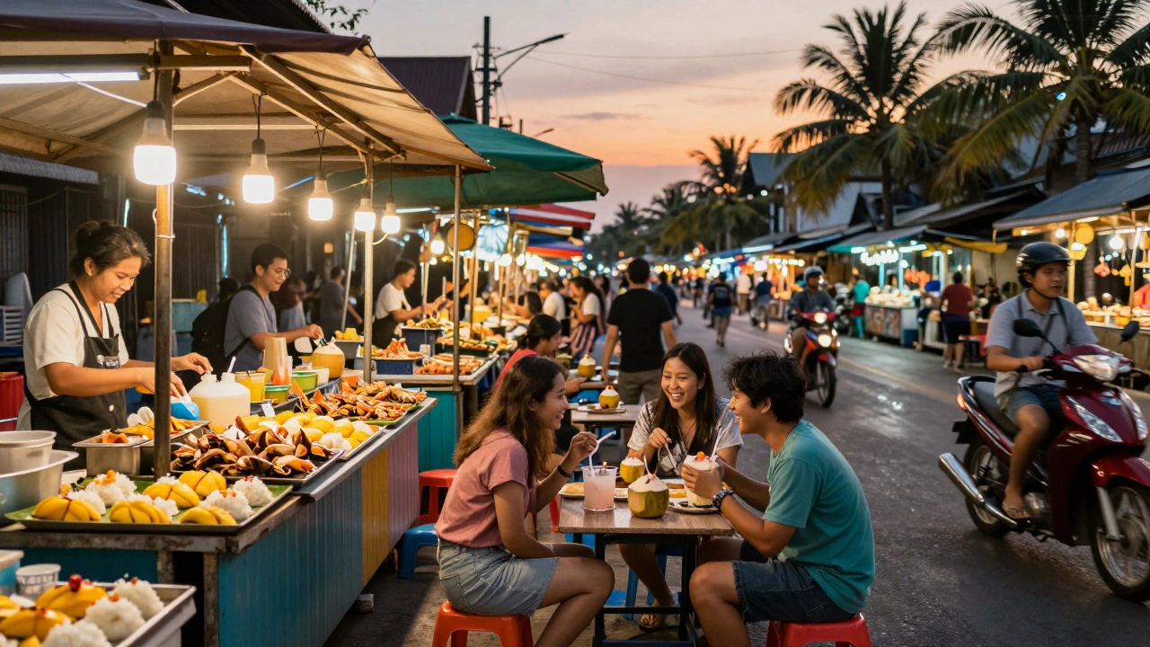 Thailand street food market at dusk with tourists eating under string lights.