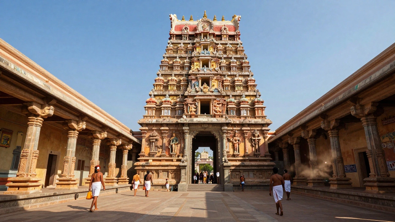 The Brihadeeswarar Temple in Tamil Nadu at noon, its shadow unmoving under a clear blue sky.