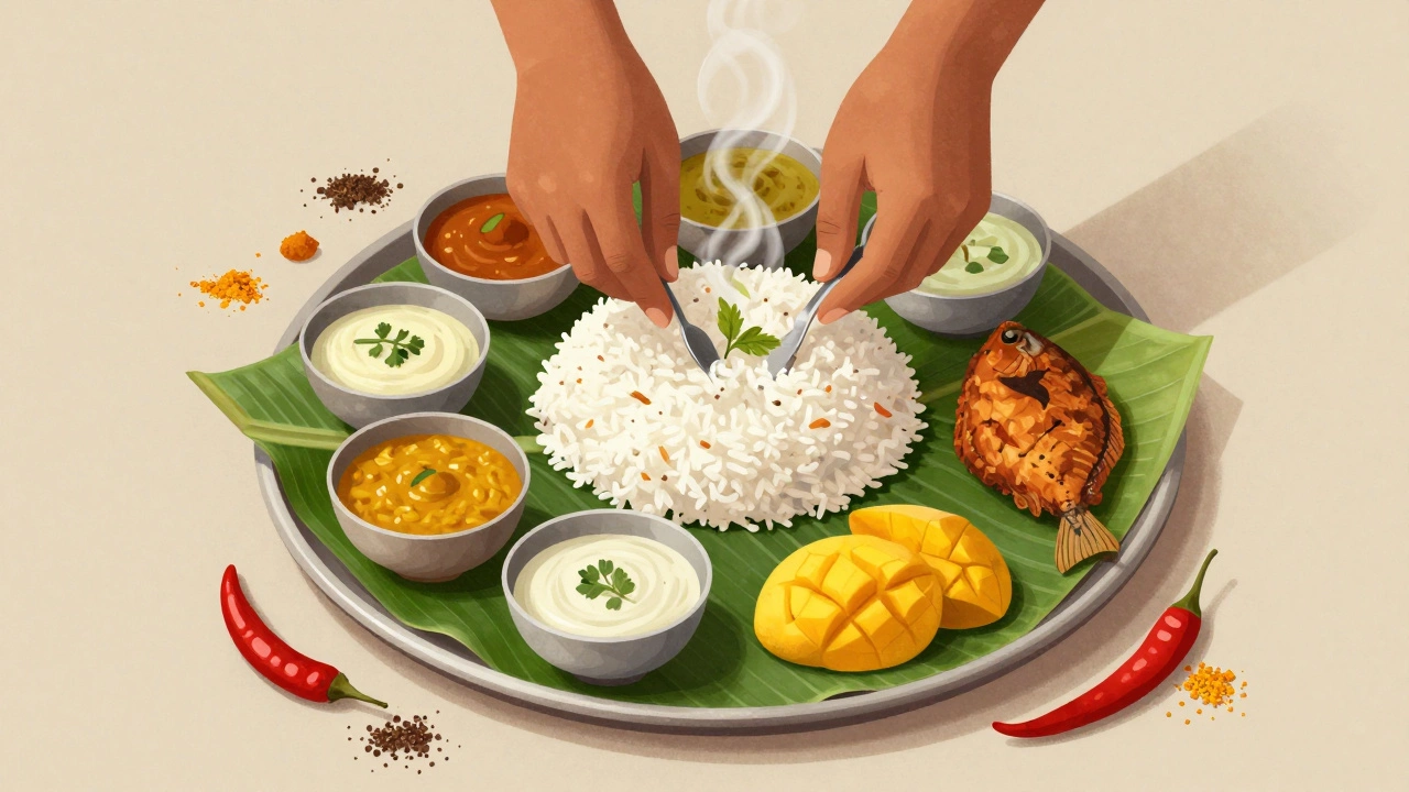 Traditional meal served on a banana leaf with rice, dal, chutneys, and fried fish.