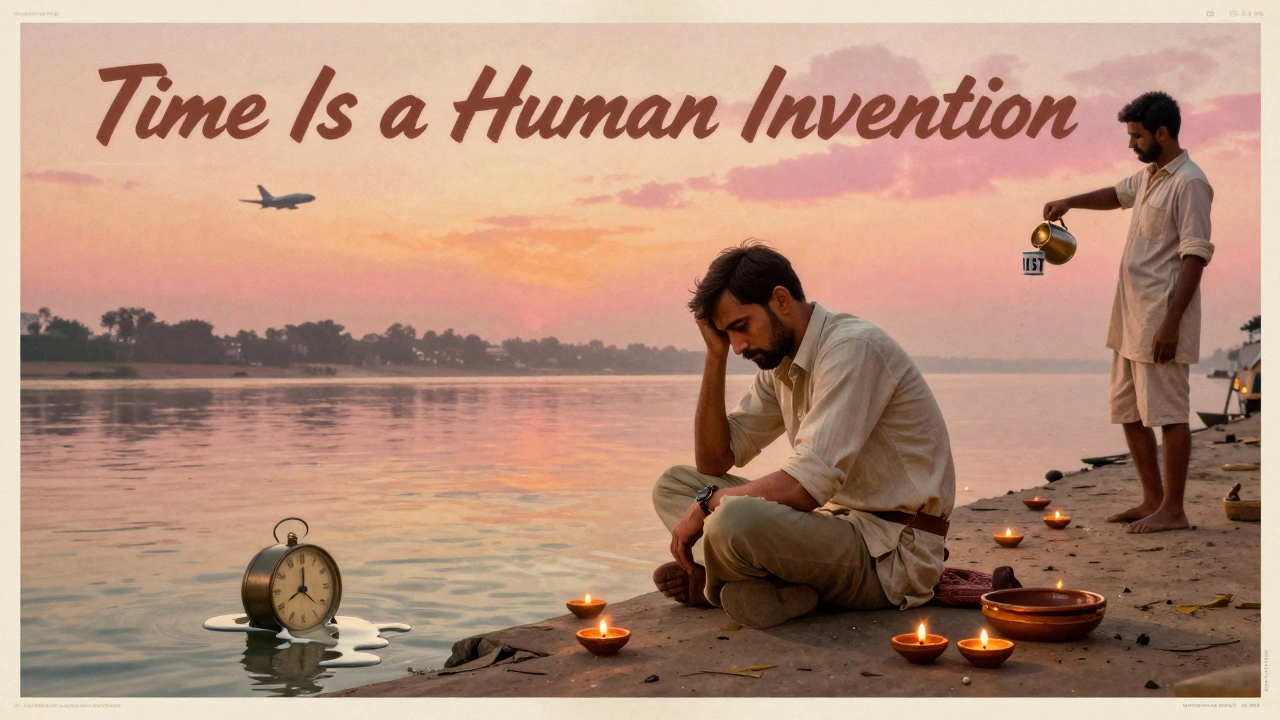 Traveler on Ganges riverbank at dawn, clock melting into water with chaiwallah in background.