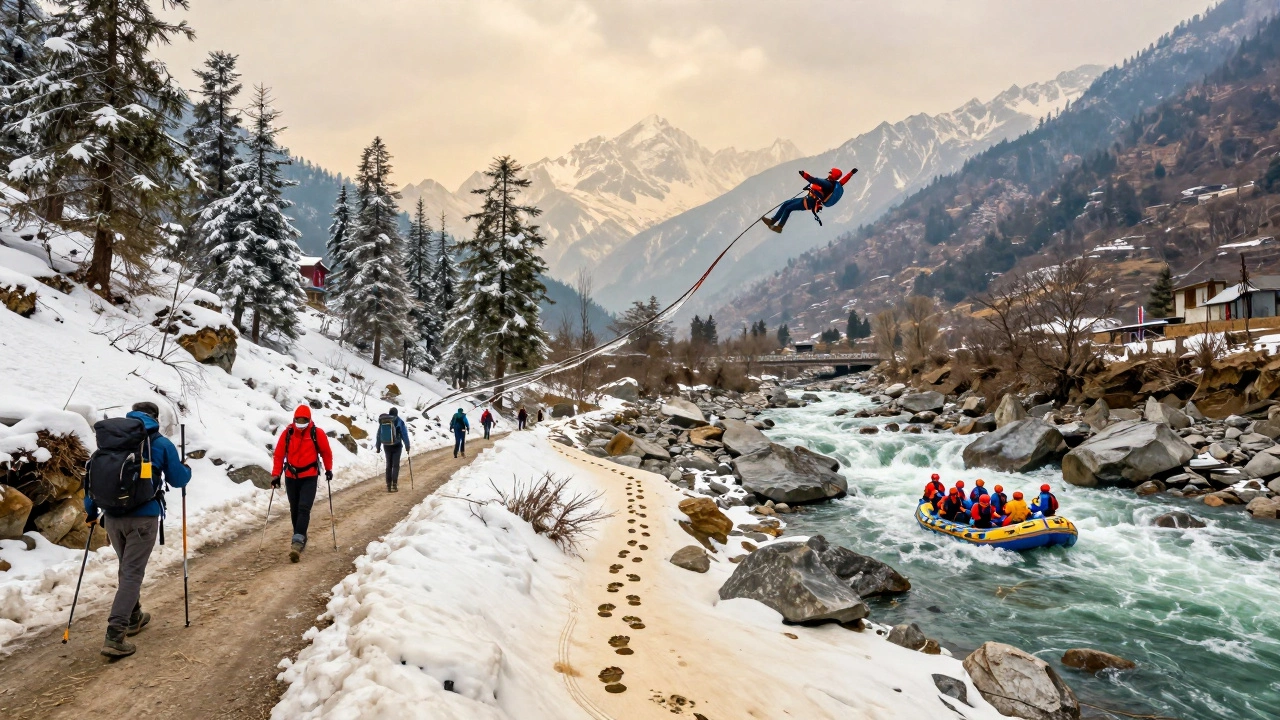 A surreal landscape merging Manali's mountain trails and Rishikesh's whitewater rapids, connected by adventure paths.