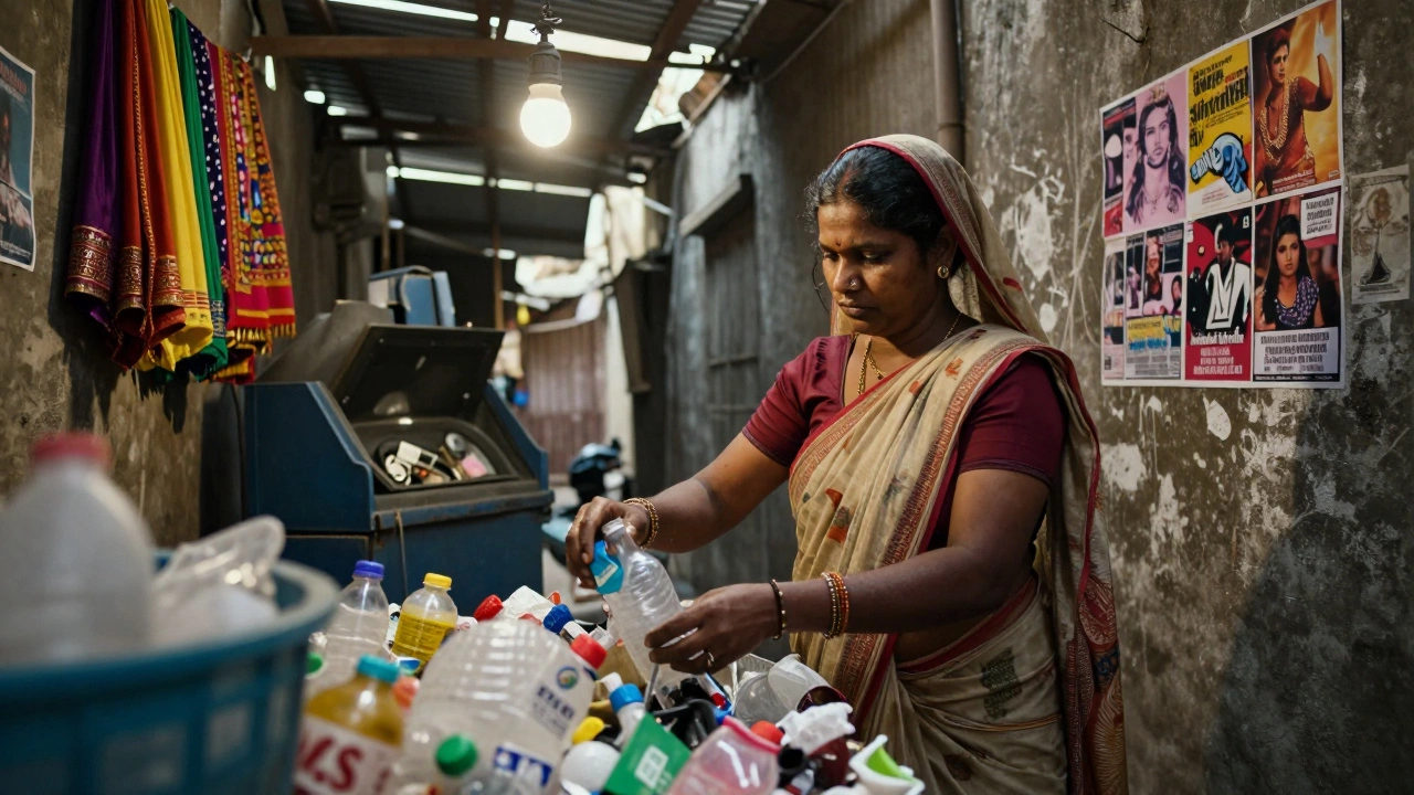 A woman sorts plastic waste in Dharavi, sunlight filtering through metal roofs, recycling machines in the background.
