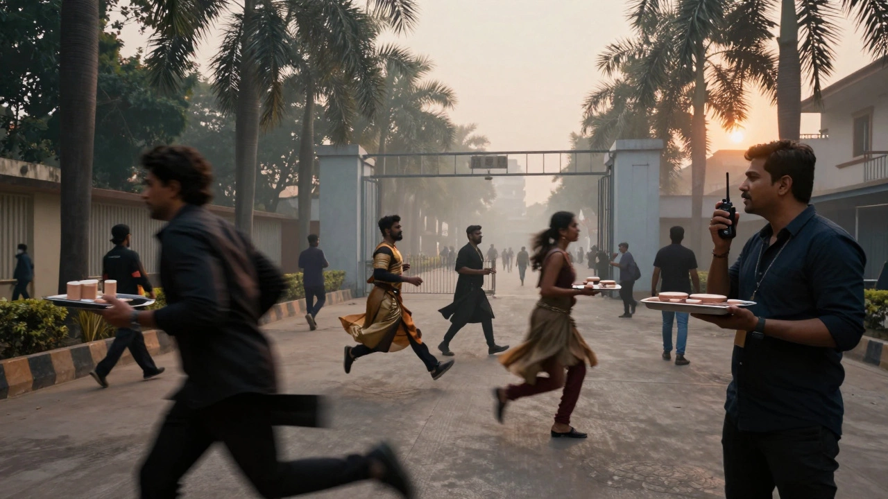 Actors and crew rushing at Andheri Film City at dawn, makeup artists carrying trays, studio gates partially open.