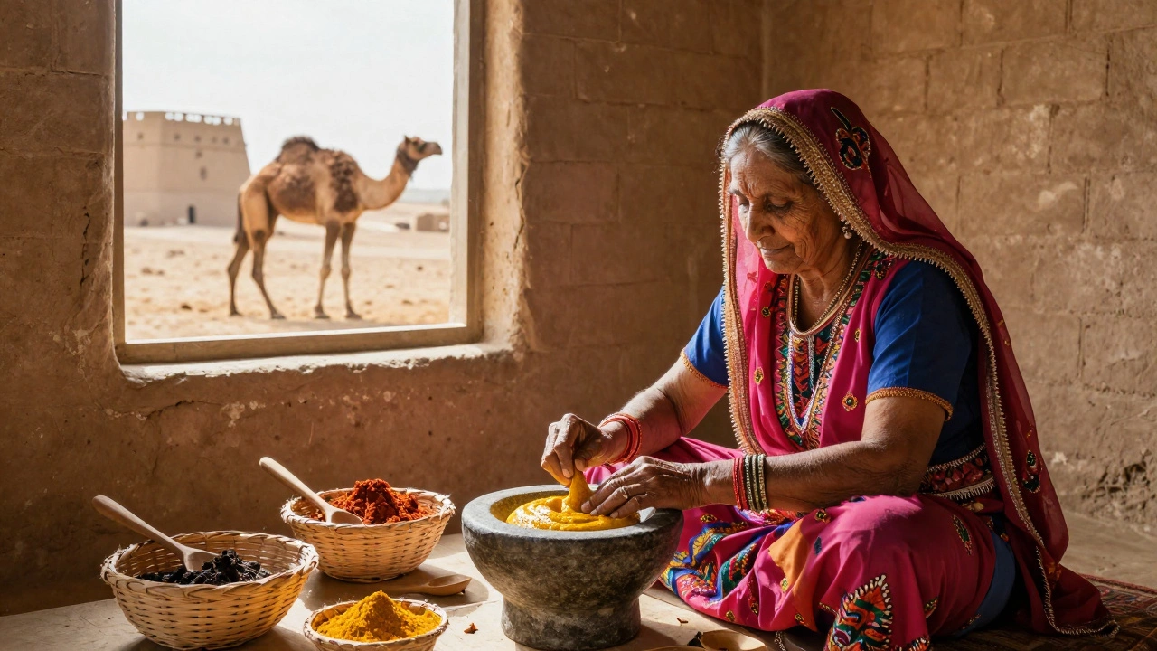 An elderly Rajasthani woman teaching a traveler to grind turmeric in a traditional homestay.