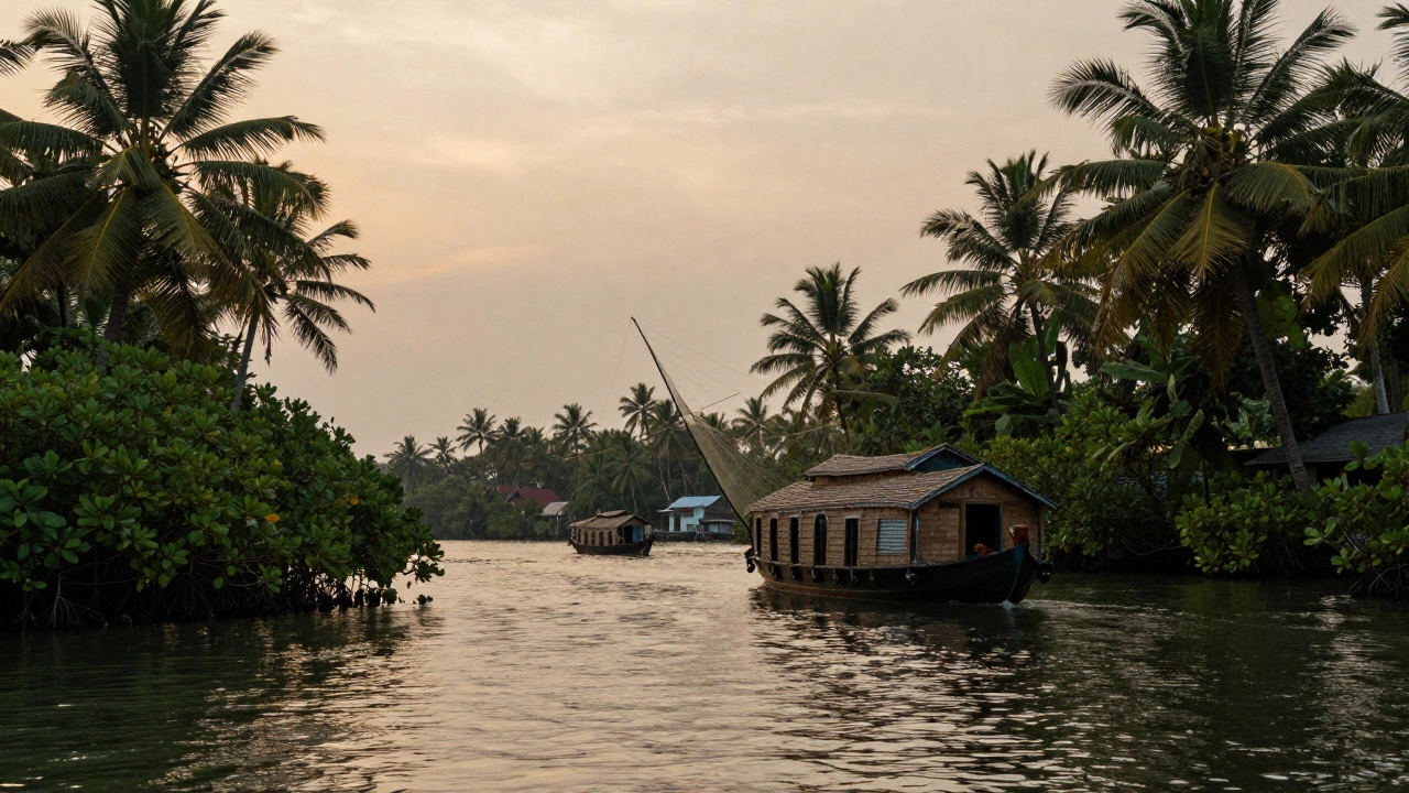 Kerala backwaters with houseboat and palm trees at sunset.