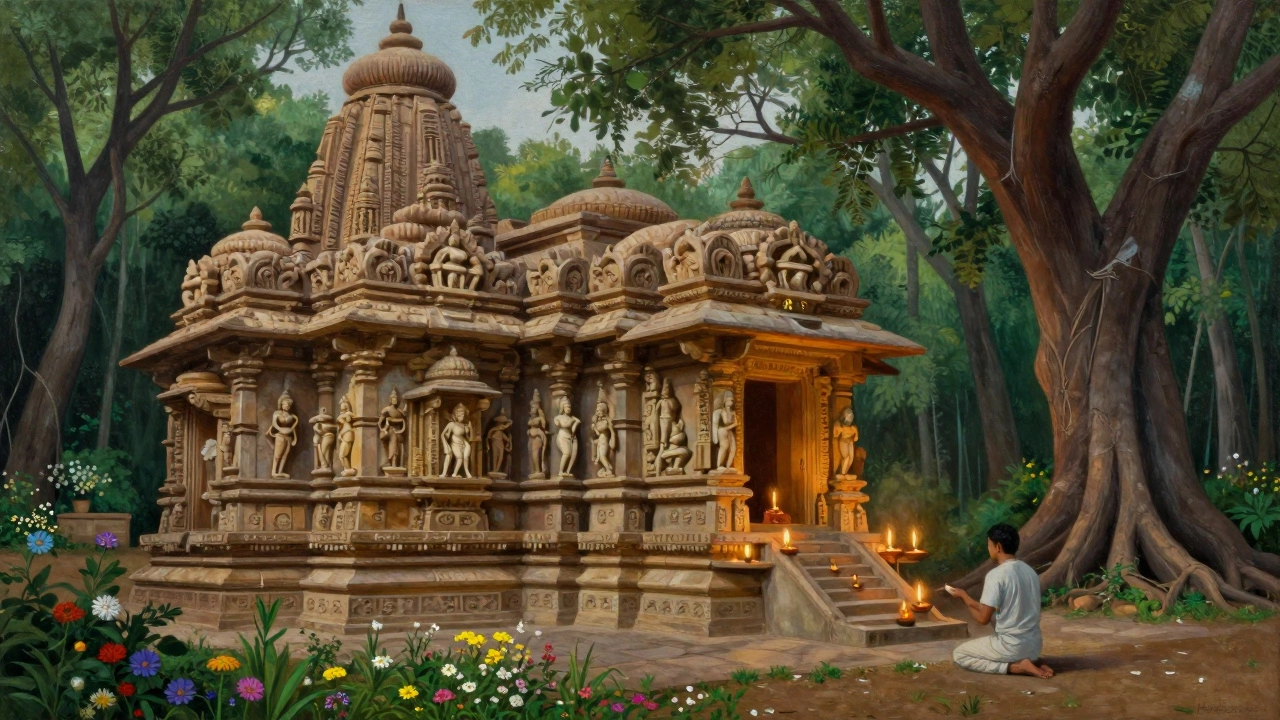 Khajuraho temples surrounded by forest, with pilgrim and candlelight blending culture and nature.