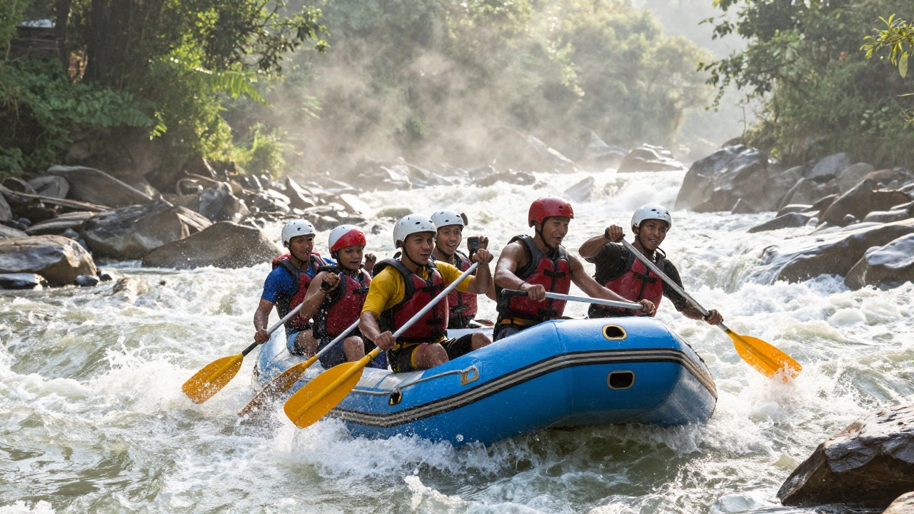Rafters navigate violent rapids on the Ganges in Rishikesh, water spraying as they paddle through Chocolate Falls.